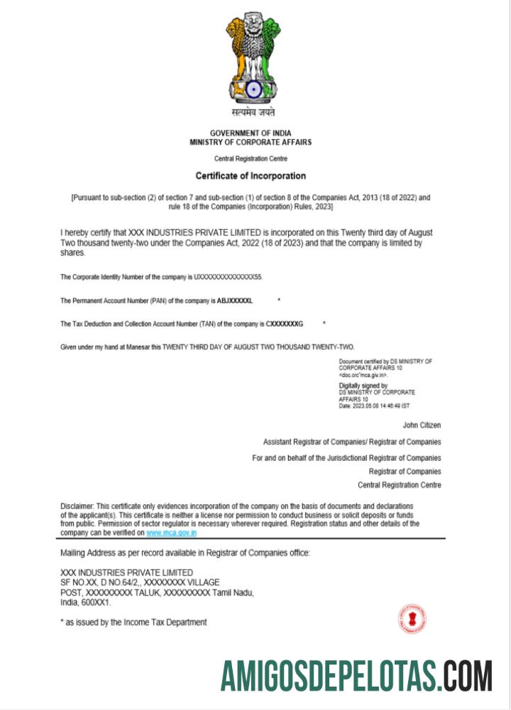 Modelo realista de registro de certificado de incorporação da Índia em Word e PDF, versão 2